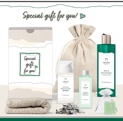 Geschenkset “Special Gift for You!” - 6 producten - 650 gram - Triomf Cosmetica | Giftset Eucalyptus voor haar Cadeau Speciaal voor jou Luxe wellness cadeaubox Cadeaupakket Vrouw Geschenk Gift Set Douchegel Verjaardag Kerst Pakket Groen