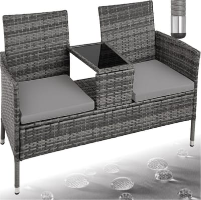 tectake® - wicker tuinbank met tafel, 2-zitsbank, 131 x 61 x 82 cm, bank voor tuinbalkon en terras, tuinbank inclusief zitkussen - grijs/lichtgrijs - poly-rattan