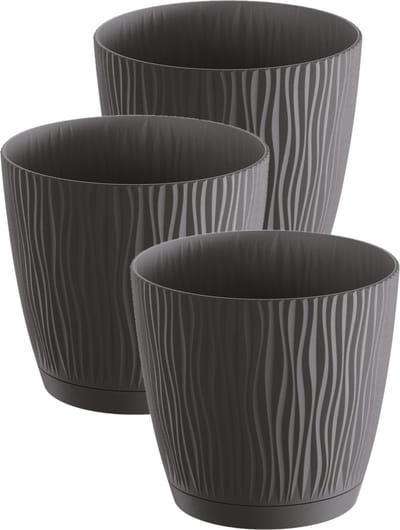 Prosperplast Plantenpot/bloempot Waves - 3x stuks - kunststof - antraciet grijs - D15 x H14 cm - binnen/buiten - met opvangschaal