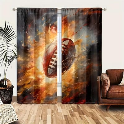2 Panelen Sportgordijnen Tunnelzoom Abstracte Vlam Basketbalthema Wanddecoratie Tiener Slaapkamer Mannen Cool 3D Bal Kunst Bedrukte Gordijnen 100W130H(CM)40x51in&Grommet Top