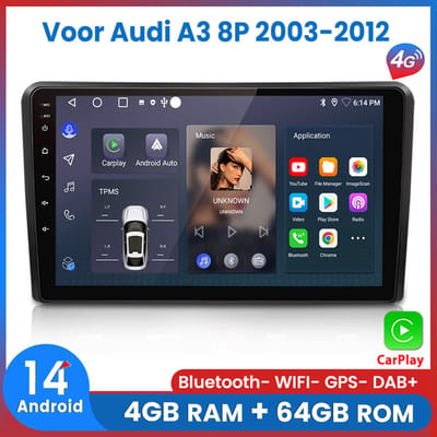Awesafe 8-Core 4+64GB Autoradio - Geschikt Voor Audi A3 2003 t/m 2012 - Draadloze Carplay Android Auto - Touchscreen - GPS Navigatie 4G WiFi - Bluetooth Radio - 2003 2004 2005 2006 2007 2008 2009 2010 2011 2012