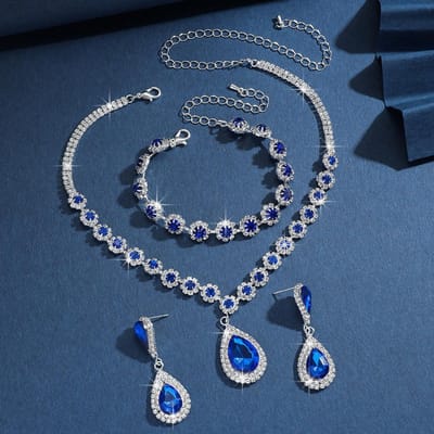 4-delige Dames Mode Waterdruppel Bloem Ketting Oorbellen Armband Sieraden Set Bruiloft Feest Festival Cadeau-8065 blue
