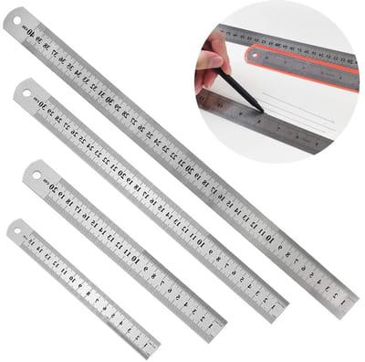 Dubbelzijdige metalen liniaal, set van 4, roestvrij staal meetinstrument met nauwkeurige schaal voor precisiewerk
