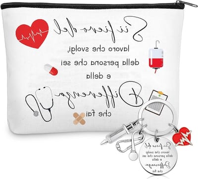 Inspirerende Sleutelhanger en Cosmetica Tas Set voor Verpleegkundigen - Makeup Tas met Motivatie en Zipper, Wit