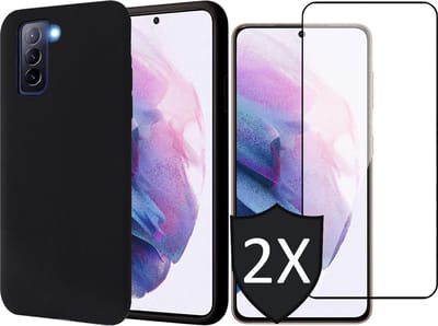 Hoesje geschikt voor Samsung Galaxy S21 FE - Matte Back Cover Microvezel Siliconen Case Hoes Zwart - 2x Full Tempered Glass Screenprotector