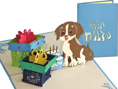 Popcards popupkaarten – Hond met 3 Kaarsjes Taart en Cadeautjes Kinderen Hondje Verjaardag Felicitatie pop-up kaart 3D wenskaart