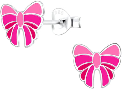 Joy|S - Zilveren strikje oorbellen - 8 mm - roze met zilver randje