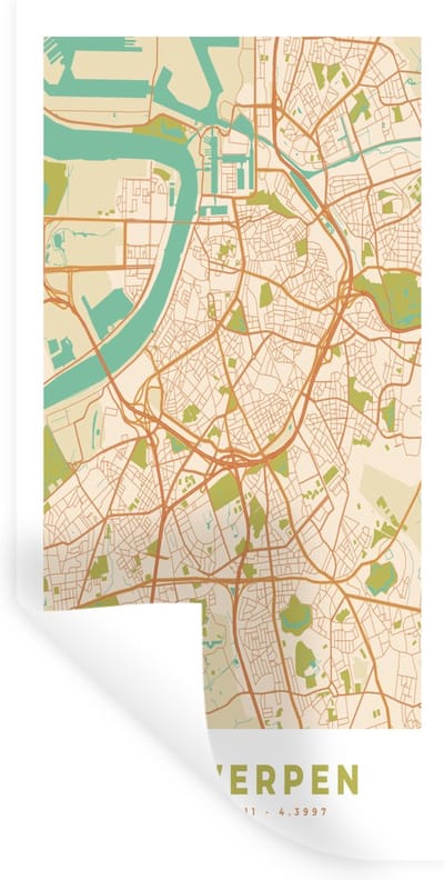 Muurstickers - Sticker Folie - Antwerpen - Kaart - Stadskaart - Antwerpen - Plattegrond - 40x80 cm - Plakfolie - Muurstickers Kinderkamer - Zelfklevend Behang - Zelfklevend behangpapier - Stickerfolie