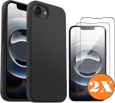 Hoesje geschikt voor iPhone 16e / iPhone 17e Hoesje siliconen Zwart zacht siliconen hoesje TPU - met Screenprotector iPhone 16e / iPhone 17e Gehard Glas - 2 stuks