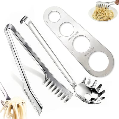 Set van 3 roestvrijstalen pastatools, ergonomische spaghettilepels en pastamessen voor eenvoudig serveren en bereiden van pasta gerechten