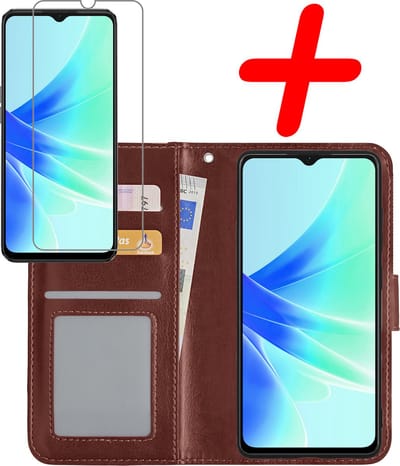 Hoesje Met Screenprotector - Geschikt voor OPPO A57 - Luxe Pasjeshouder - Bookcase Portemonee - Flip Case - Kunstleer Book Case - Flipcase - Book Cover - Walletcase - Portemonneehoes - Bruin