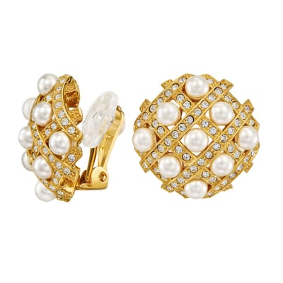 Traveller Clip Oorbellen - Oorclips Dames - 22kt Verguld - Parels - 4 mm - Wit - Kristallen - 22 x 22 mm - 114357