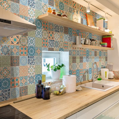 Zelfklevende tegelmuurstickers voor keuken en badkamer - 60 cementtegelstickers, Azulejos Donitoni - 60 stickers, 20x20cm