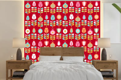 Behang - Fotobehang Patronen - Bloemen - Retro - Rood - Breedte 240 cm x hoogte 240 cm