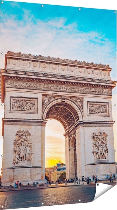 Gards Tuinposter Arc de Triomphe in Parijs met Zonsondergang - 120x180 cm - Tuindoek - Tuindecoratie - Wanddecoratie buiten - Tuinschilderij