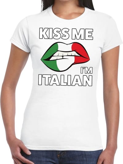 Kiss me I am Italian t-shirt wit dames - feest shirts dames - Italie kleding XS