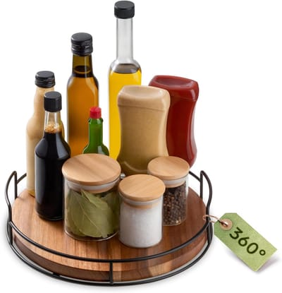 Famanu - Houten Lazy Susan draaiplateau 28 cm, acaciahout met antislipmat