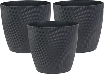 Form Plastic Plantenpot/bloempot Waves - 3x - kunststof - antraciet - D19 x H17 cm - met opvang schotel - rond