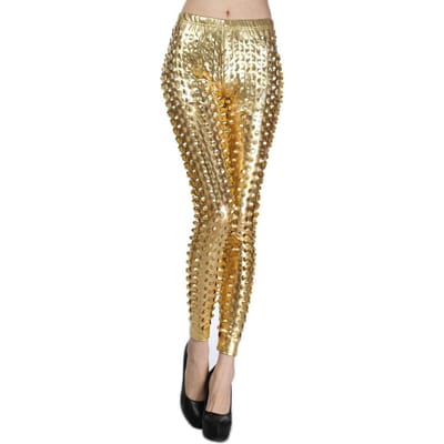 Dames Skinny Broek Holle Visschub Glanzend Metallic Effen Kleur Elastische Taille Dames Rekband Podium Performance Broek Disco One Size lichtblonde kleur
