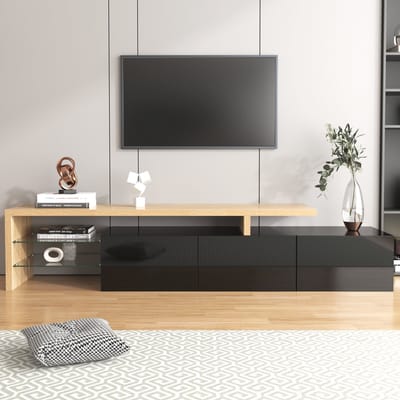 TV-Meubel - Modern Ontwerp Met Opbergruimte - LED-Verlichting En Glasplanken - Glas - Zwart