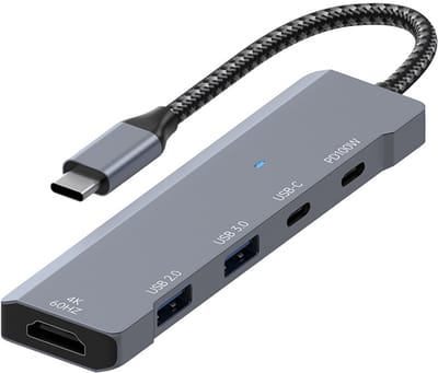 5-in-1 USB-C Hub - 4K 60Hz HDMI + 2X USB-C + 2X USB 3.0 - Multiport Adapter kabel voor Laptop, MacBook en Tablet - grijs