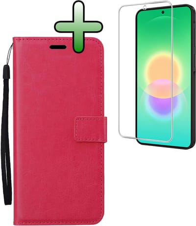 Hoesje Met Screenprotector - Geschikt voor Samsung Galaxy A27 - Luxe Pasjeshouder - Bookcase Portemonee - Flip Case - Kunstleer Book Case - Flipcase - Book Cover - Walletcase - Portemonneehoes - Donkerroze