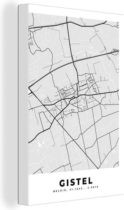 Canvas Schilderij Stadskaart – Plattegrond – België – Zwart Wit – Gistel – Kaart - 20x30 cm - Wanddecoratie