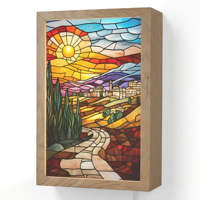 Wandlamp 20x30 cm - Oplaadbaar - Mozaïek - Zon - Landschap - Dorp - Wandlampen binnen woonkamer - Slaapkamer lamp met kabel - Decoratieve nachtlamp - Vloerlamp snoer