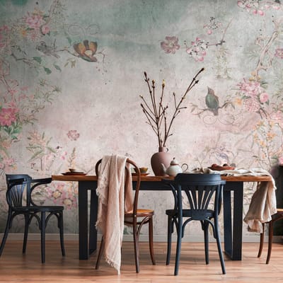 Fotobehang Profhome 399201-GU vliesbehang hardvinyl warmdruk in reliëf glad met bloemen patroon mat grijs blauw roze 3,71 m x 2,8 m