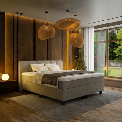 Mörgenn Boxspring Madrid - Pocketvering - 6-Baans Hoofdbord - Taupe - 80x200 cm - Inclusief Dekbed en Kussens