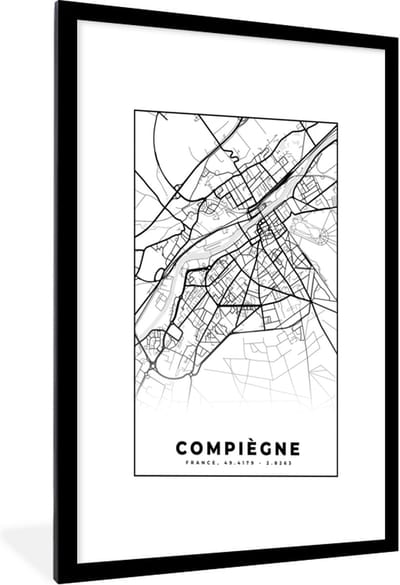 Fotolijst incl. Poster Zwart Wit- Plattegrond - Compiègne - Frankrijk - Stadskaart - Kaart - Zwart wit - 60x90 cm - Posterlijst