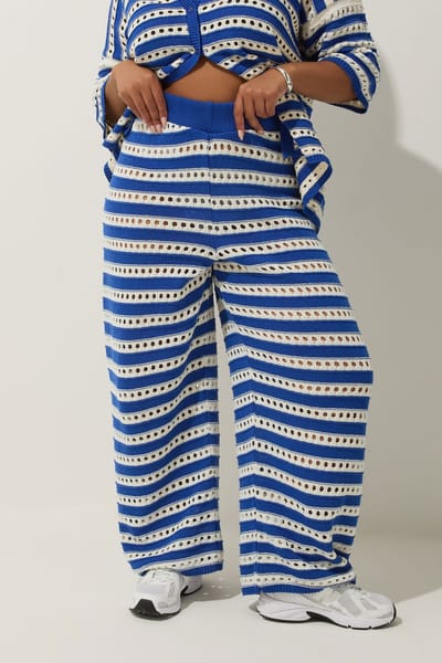 Limited Collection Gehaakte Broek Met Strepenprint En Wijde Pijpen In Blauw/Wit Size 42-44