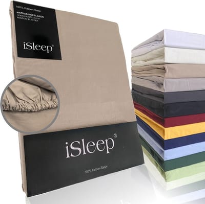 iSleep Katoen-Satijnen Hoeslaken - Hoge Hoek - Rondom Elastiek - Eenpersoons - 80x200+40 cm - Medium Beige