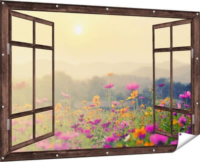 Gards Tuinposter Doorkijk Bloemenveld met Kosmos - Zonsondergang - 180x120 cm - Tuindoek - Tuindecoratie - Wanddecoratie buiten - Tuinschilderij