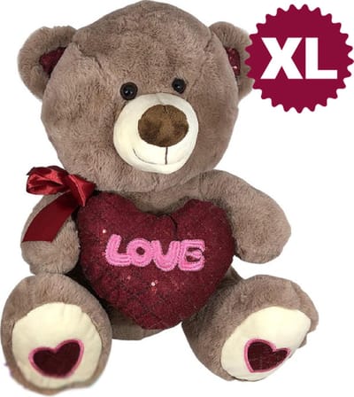Teddybeer met Glitter Hart en Strikje (Bruin) Pluche Knuffel 70 cm - Liefde Knuffel Love Knuffels XXL - Beer Beertje Knuffelbeertje Teddybeertje - Valentijnsdag Groot cadeau voor mannen vrouwen - Grote Bear with Heart Plush
