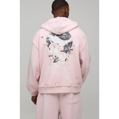 Oversized Boxy Grafische Gewassen Hoodie met Rits | Pink | Size XS