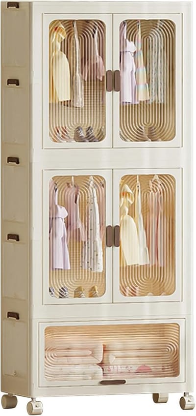 Kledingkast met dubbele deuren-Opvouwbare kunststof kledingkast -70 x 41,5 x 191,4 cm-Eenvoudig te monteren-Met kledingstang-Magnetische deuren-Wieltjes-Voor woonkamer, slaapkamer