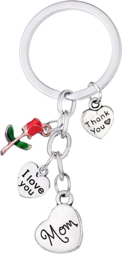 Sleutelhanger Mom - I Love You - Thank You - Roos - Sleutelring Tekst - Cadeau - Geschenk - Mama - Moederdag - Zilverkleurig