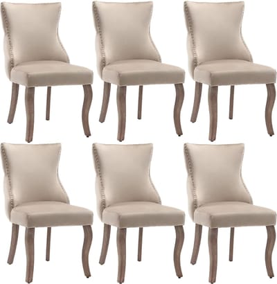 Welltin Eetkamerstoelen - Set van 6 - Eetkamerstoel - Keukenstoel - Eettafelstoel - Stoel - Fluweel - Houten Poten - Scandinavisch design - Lichtbeige