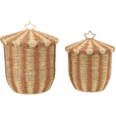 2 Stuks Geweven Opbergmand Retro Koffiekleur Rotan IJzer Groot en Klein Geweven Organizer met Deksel beige