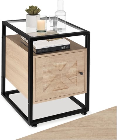 tectake® Bijzettafel met kast en 2 niveaus - Met glazen blad - Nachtkastje in industrieel design - Voor woonkamer, slaapkamer, kantoor, hal - Zwart metalen frame - Afmeting (LxBxH) 40 x 43 x 60,5 cm - Lichtbruin