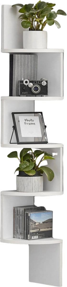 Zwevende wandplank -Hoekplank - 5 niveaus- Ruimtebesparende Opslag voor Boeken, Foto's, Planten-Vintage wit.