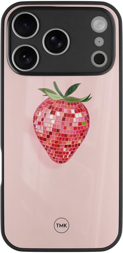Hoesje geschikt voor Apple iPhone 17 Pro - Disco aardbei - Paars - TPU luxe case (glossy toplaag) - Bloemen - Hardcase backcover zwart