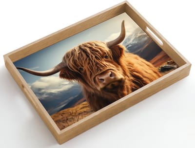 Dienblad hout 50x35 cm - Schootdienblad - Schotse hooglander - Hoorns - Bergen - Landschap - Borrelplank rechthoek - Plateau dienbladen