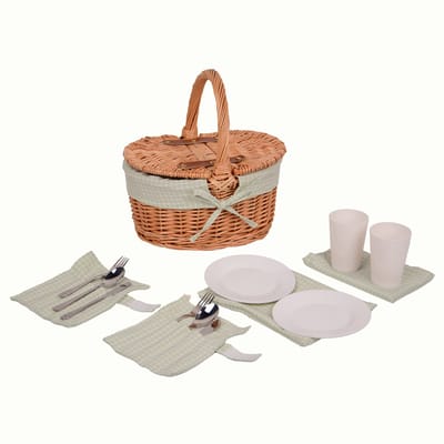 UNUS® Picknickmand voor kinderen ovaal met servies voor 2 personen 29x22x31 cm groen