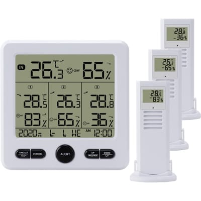 Thermohygromètre extérieur intérieur sans fil numérique avec 3 capteurs à distance rétroéclairage et alarme 98 pieds/30 m blanc