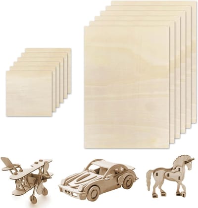 Lege Onbehandelde Plywood Planken Set van 6, Rectangulaire en Vierkante Houten Craft Platen voor Lasergraveren en Houtsnijwerk, 300x200mm en 100x100mm
