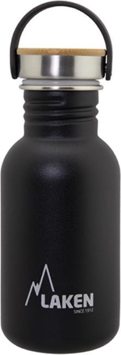 RVS fles 0,5L Basic Steel Bottle Zwart - Bamboo Cap - Laken - roestvrijstaal - waterfles - drinkfles