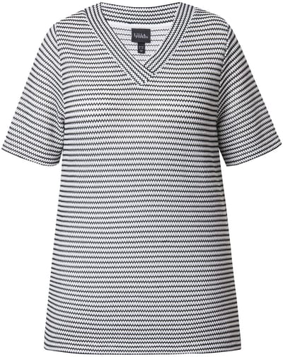 Ulla Popken - Dames - Sweatshirt structuurstrepen V-hals korte mouw - Zwart - Maat 42+