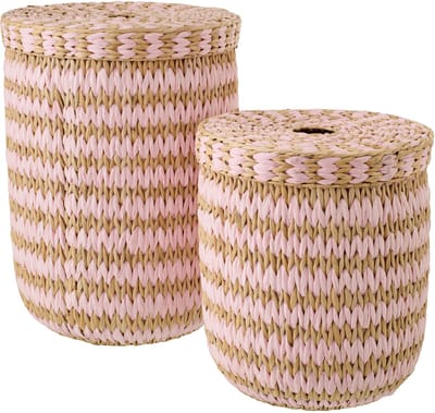 J-Line mand met deksel Gestreept - papier - naturel/lichtroze - set van 2